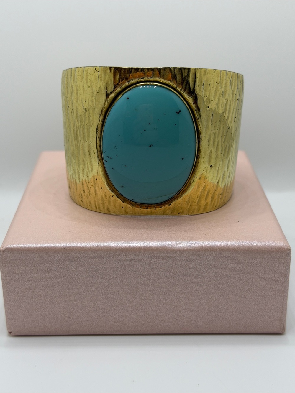 Vintage Napier Hammered Gold Tone Wide Cuff Bracelet Faux Turquoise 6" Boho